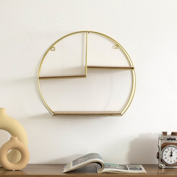 Vintiquewise Elegant 3-Tier Decorative Floating Geometric Arc Wall Shelf - Semi-Circular Metal and Wood - QI004691.3DG