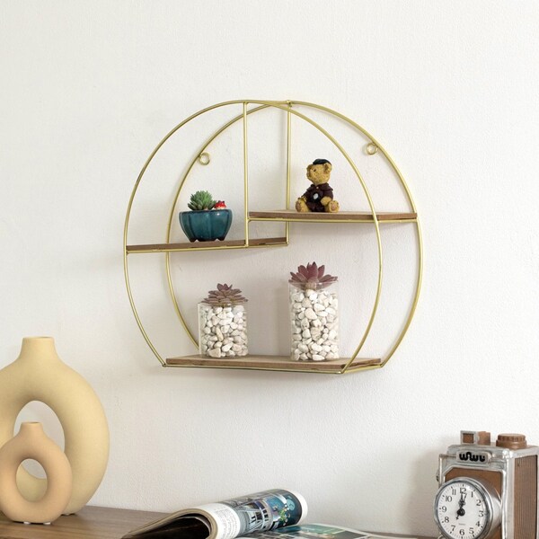 Vintiquewise Elegant 3-Tier Decorative Floating Geometric Arc Wall Shelf - Semi-Circular Metal and Wood - QI004691.3DG