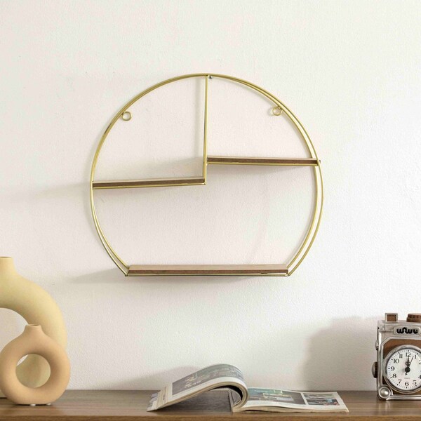 Vintiquewise Elegant 3-Tier Decorative Floating Geometric Arc Wall Shelf - Semi-Circular Metal and Wood - QI004691.3DG