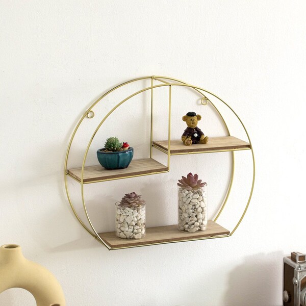 Vintiquewise Elegant 3-Tier Decorative Floating Geometric Arc Wall Shelf - Semi-Circular Metal and Wood - QI004691.3DG