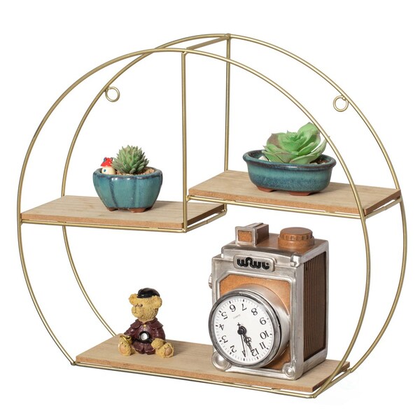 Vintiquewise Elegant 3-Tier Decorative Floating Geometric Arc Wall Shelf - Semi-Circular Metal and Wood - QI004691.3DG