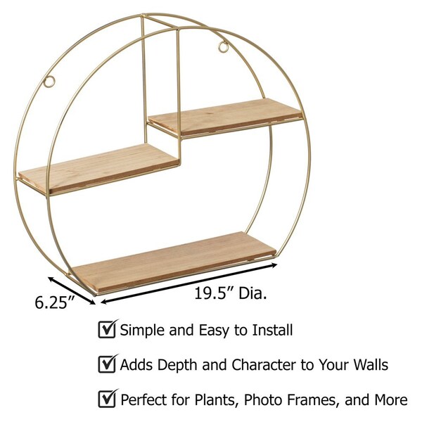 Vintiquewise Elegant 3-Tier Decorative Floating Geometric Arc Wall Shelf - Semi-Circular Metal and Wood - QI004691.3DG