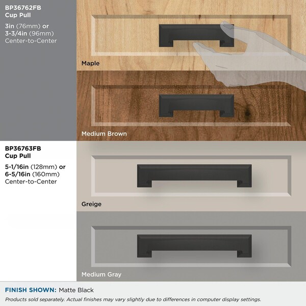 Amerock Appoint 3 in & 3-3/4 in 76mm & 96 mm Center-to-Center Matte Black Cabinet Cup Pull - BP36762FB