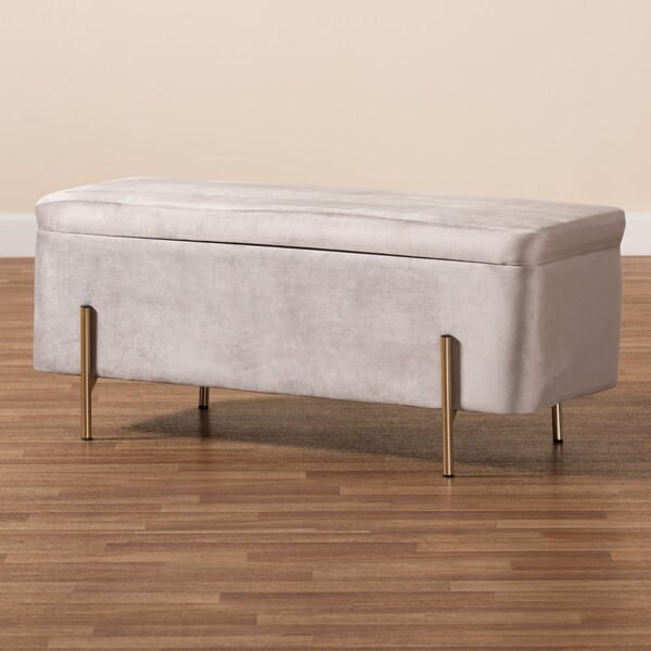 Baxton Studio Rockwell Contemporary Glam and Luxe Grey Velvet Upholstered and Gold Finished Metal Storage Bench - 198-12210-ZORO