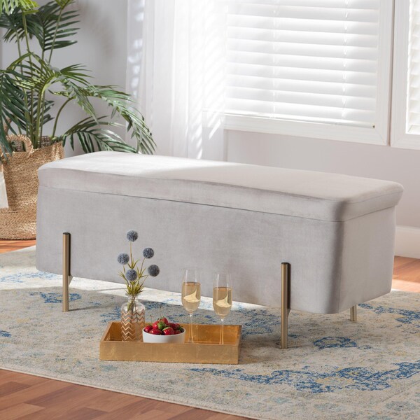 Baxton Studio Rockwell Contemporary Glam and Luxe Grey Velvet Upholstered and Gold Finished Metal Storage Bench - 198-12210-ZORO