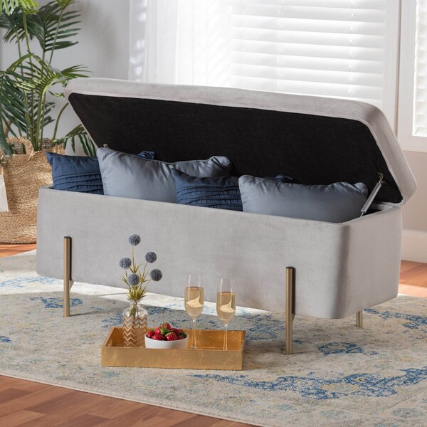 Baxton Studio Rockwell Contemporary Glam and Luxe Grey Velvet Upholstered and Gold Finished Metal Storage Bench - 198-12210-ZORO