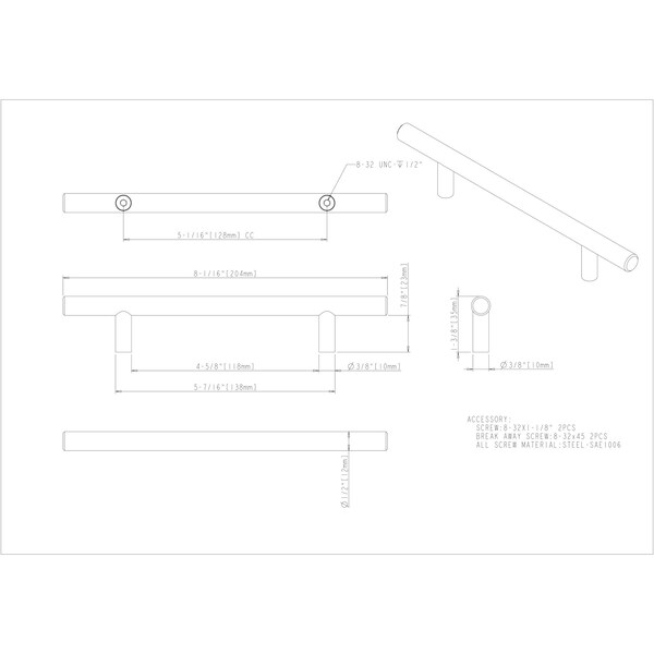 Elements By Hardware Resources 128 mm Center-to-Center Hollow Matte Black Stainless Steel Naples Cabinet Bar Pull - 204SSMB