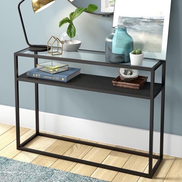 Henn & Hart Nellie Blackened Bronze Console Table with Metal Mesh Shelf - AT0415