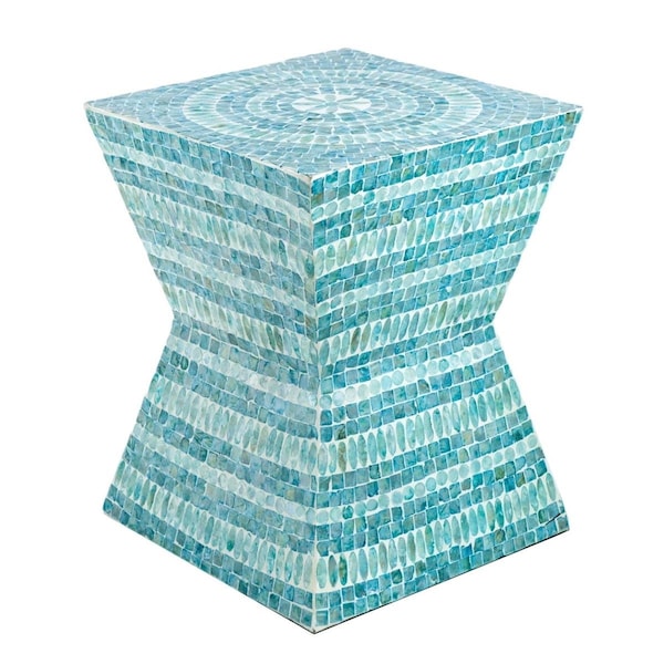Benjara 14 in. Blue Mosaic Geometric Hourglass Shape Capiz Accent Table Stool, Blue - BM284712