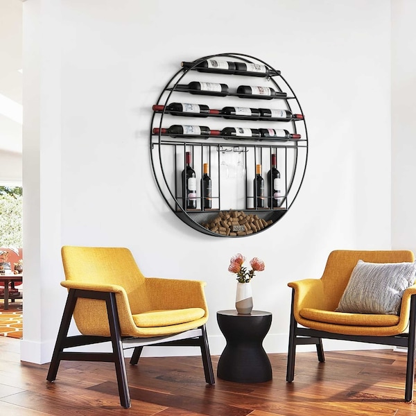 Vintiquewise Vintage Decorative Modern Black Metal Round Wall Mounted Wine Display Rack - QI004276