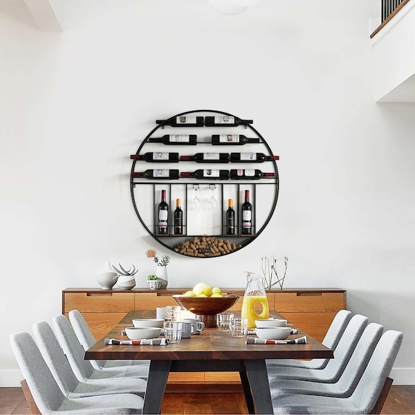 Vintiquewise Vintage Decorative Modern Black Metal Round Wall Mounted Wine Display Rack - QI004276