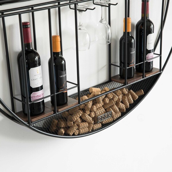 Vintiquewise Vintage Decorative Modern Black Metal Round Wall Mounted Wine Display Rack - QI004276