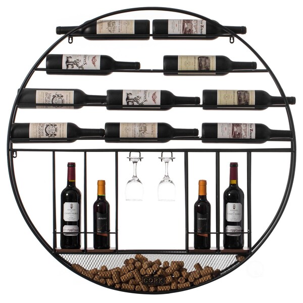 Vintiquewise Vintage Decorative Modern Black Metal Round Wall Mounted Wine Display Rack - QI004276