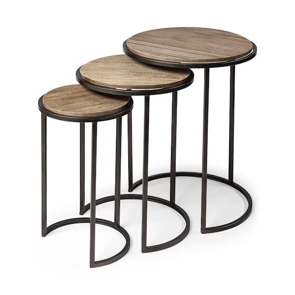 Homeroots Brown Wood Round Top Accent Table with Iron Nesting - Set of 3 - 380715