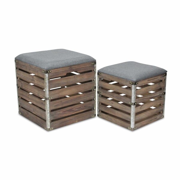 Homeroots Square Gray Linen Fabric & Wood Slats Storage Benches - Set of 2 - 379838