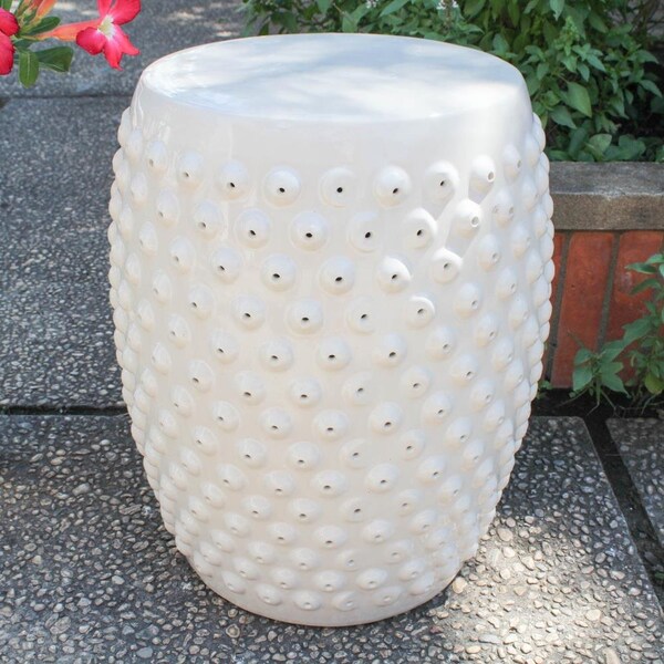 International Caravan Perforated Drum Ceramic Garden Stool, Antique White Glaze - OPG-070-AW