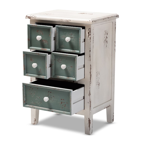 Baxton Studio Angeline Antique White and Teal Finished Wood 5-Drawer Chest - 152-9187