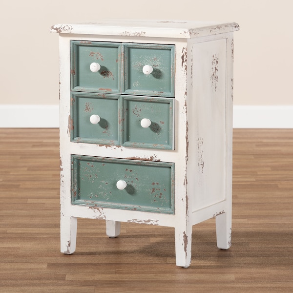 Baxton Studio Angeline Antique White and Teal Finished Wood 5-Drawer Chest - 152-9187