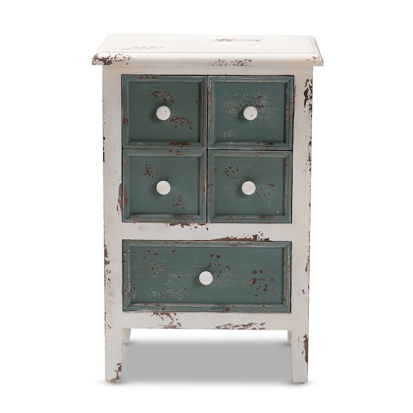 Baxton Studio Angeline Antique White and Teal Finished Wood 5-Drawer Chest - 152-9187