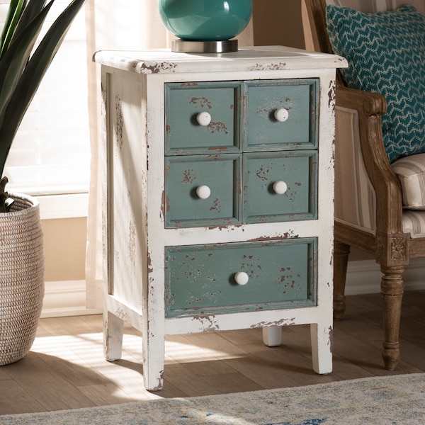 Baxton Studio Angeline Antique White and Teal Finished Wood 5-Drawer Chest - 152-9187