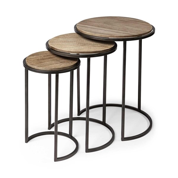 Gfancy Fixtures Brown Wood Round Top Accent Table with Iron Nesting - Set of 3 - GF3100363