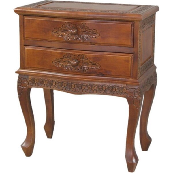 Fixturesfirst Carved Wood Two Drawer Table - Brown Stain - 21 L x 12 W x 25 H in. - FI3000902