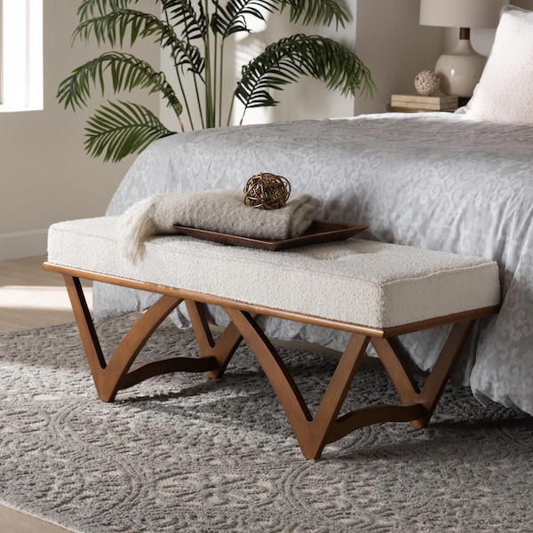 Baxton Studio Chenoa Japandi Cream Boucle Fabric and Walnut Brown Finished Wood Bench - 233-13318-ZORO