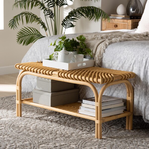 Baxton Studio Himari Modern Bohemian Natural Brown Rattan Accent Bench - 233-13164-ZORO