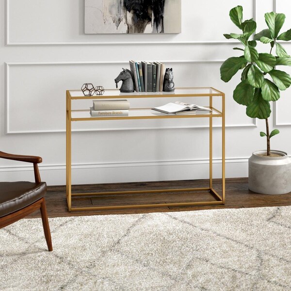 Hudson & Canal 42 in. Addison Rectangular Console Table with Glass Shelf, Brass - AT1551