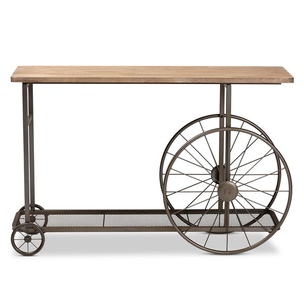 Baxton Studio Terence Natural Finished Wood and Black Metal Wheeled Console Table - 173-11038