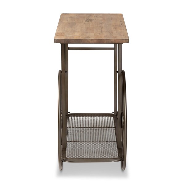 Baxton Studio Terence Natural Finished Wood and Black Metal Wheeled Console Table - 173-11038