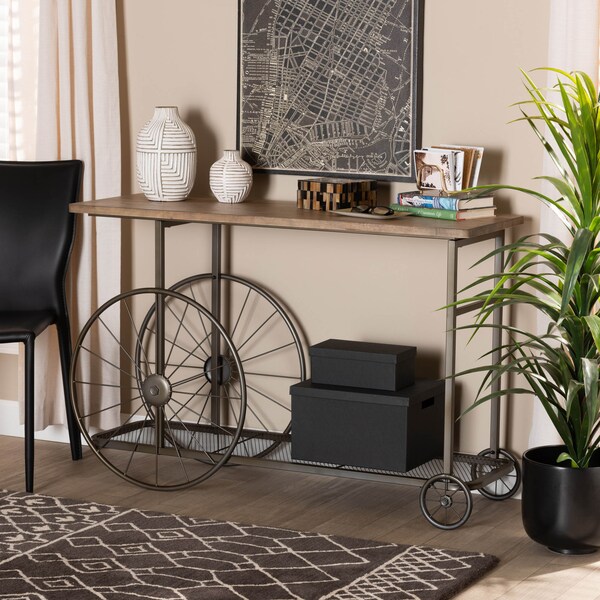 Baxton Studio Terence Natural Finished Wood and Black Metal Wheeled Console Table - 173-11038