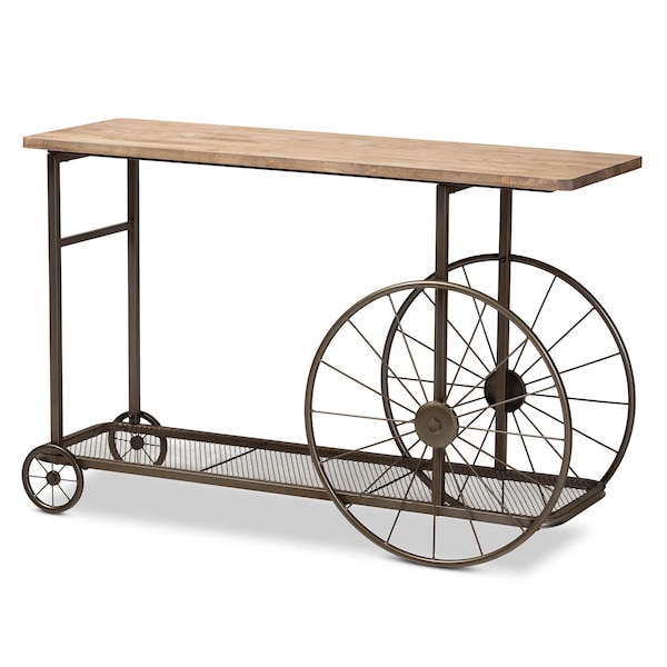 Baxton Studio Terence Natural Finished Wood and Black Metal Wheeled Console Table - 173-11038
