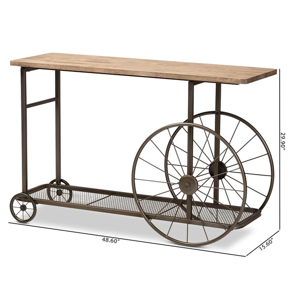 Baxton Studio Terence Natural Finished Wood and Black Metal Wheeled Console Table - 173-11038