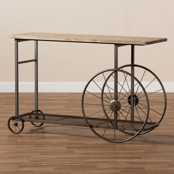 Baxton Studio Terence Natural Finished Wood and Black Metal Wheeled Console Table - 173-11038