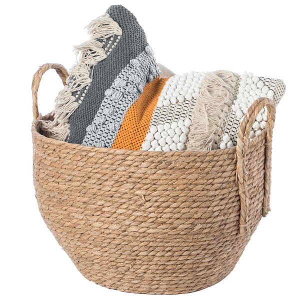 Vintiquewise Decorative Round Wicker Woven Rope Storage Blanket Basket with Braided Handles - Large - QI003835.L