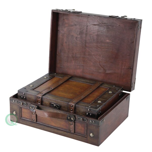Vintiquewise Wooden Vintage Luggage Trunks - Antique Carry on Suitcase Storage Box with Hinged Lids, Set of 2 - QI003013.2