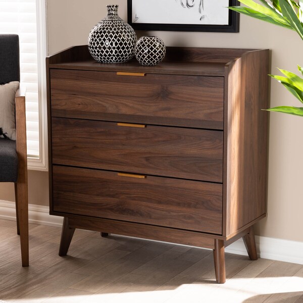 Baxton Studio Lena Mid-Century Walnut Brown Finished 3-Drawer Wood Chest - 157-9533
