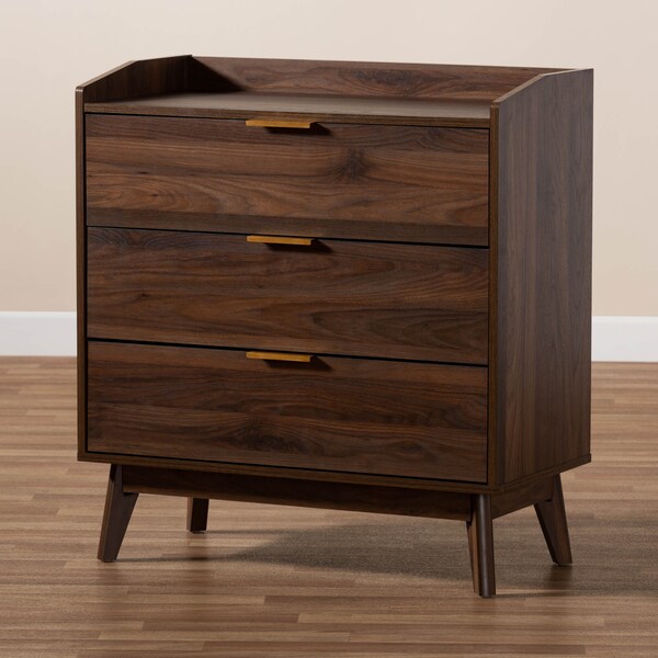 Baxton Studio Lena Mid-Century Walnut Brown Finished 3-Drawer Wood Chest - 157-9533