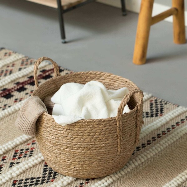 Vintiquewise Decorative Round Wicker Woven Rope Storage Blanket Basket with Braided Handles - Medium - QI003835.M