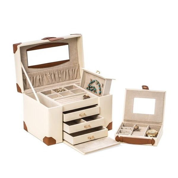 Bey Berk International Bey-Berk International BB627IVR Ivory Leather 4 Level Multi Compartment Jewelry Box - BB627IVR