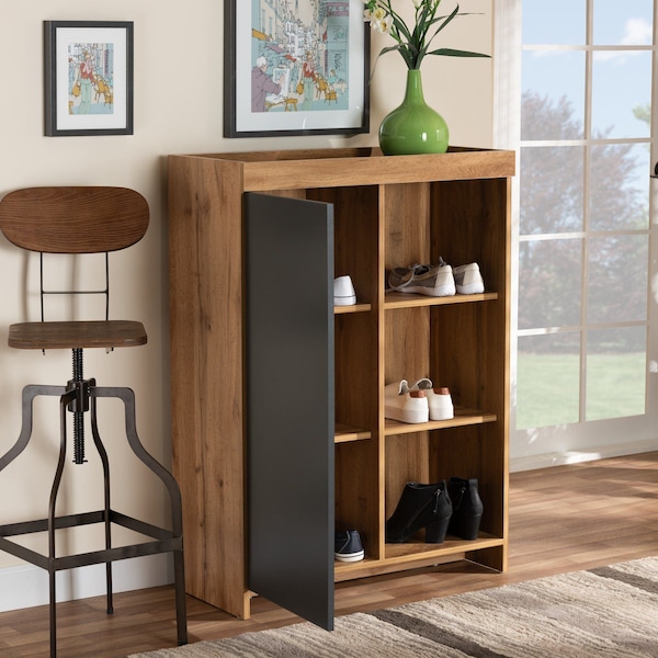 Baxton Studio Caspian Modern and Contemporary Two-Tone Grey and Oak Brown Finished Wood Shoe Cabinet - 179-11216-ZORO