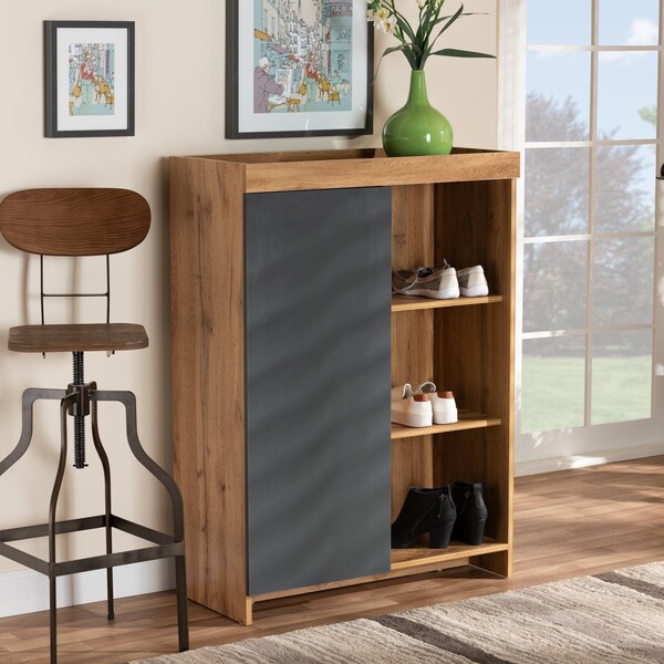 Baxton Studio Caspian Modern and Contemporary Two-Tone Grey and Oak Brown Finished Wood Shoe Cabinet - 179-11216-ZORO