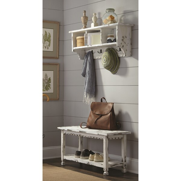 Alaterre Furniture Country Cottage Coat Hooks and Bench Set, White Antique Finish - ACCA0304WA