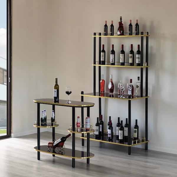 Fabulaxe 2 Pieces Set, Bartender Serving Station, Bar Console Working Counter with Open Shelves Wood, Brown - QI004485-86.BN