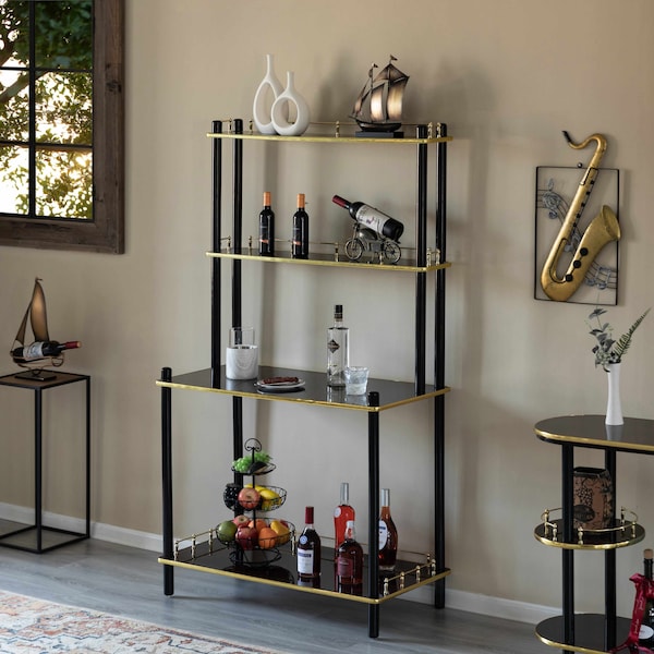 Fabulaxe 2 Pieces Set, Bartender Serving Station, Bar Console Working Counter with Open Shelves Wood, Brown - QI004485-86.BN