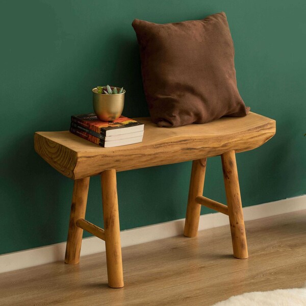 Vintiquewise Rustic Carved Wood Natural Edge Entryway Log Accent Bench - QI003836