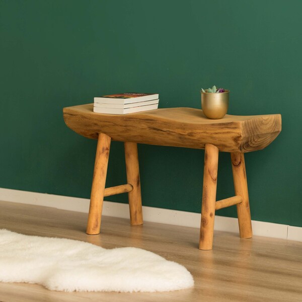 Vintiquewise Rustic Carved Wood Natural Edge Entryway Log Accent Bench - QI003836