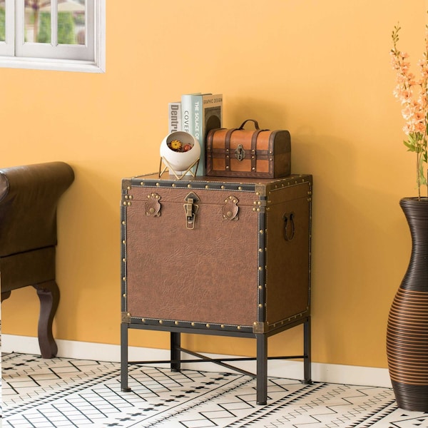 Vintiquewise Brown and Black Trimmed Faux Leather Lockable Square Lined Storage Trunk, End Table on Metal Stand - QI003796.BN