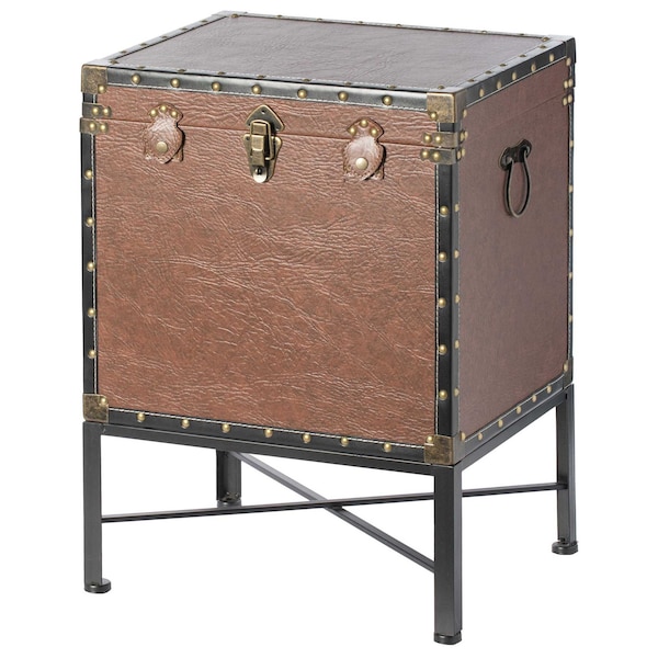 Vintiquewise Brown and Black Trimmed Faux Leather Lockable Square Lined Storage Trunk, End Table on Metal Stand - QI003796.BN